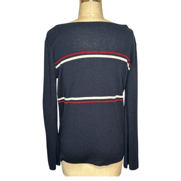 Neiman Marcus Navy Stripes Bell Sleeves Silk Cashmere Blend Sweater Women's S - Picture 3 of 6